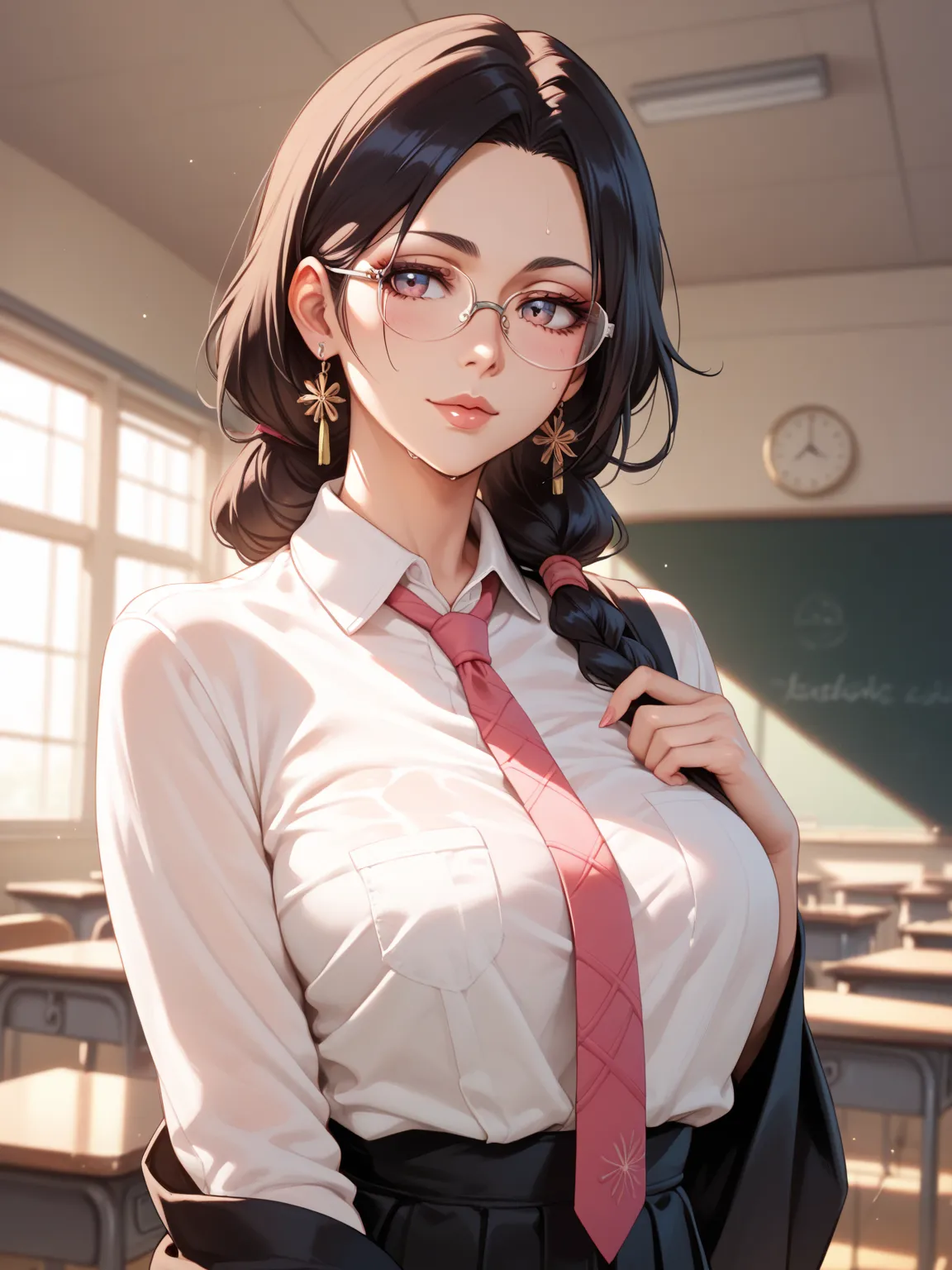 fit view, anime, unohana retsu is sexy woman, ravishing posed, glasses, necktie, sweaty, in the classroom, noon light, (masterpi...