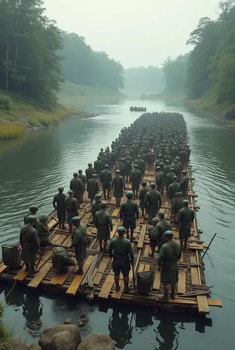 The whole army of soldiers helped each other build a raft across the river.