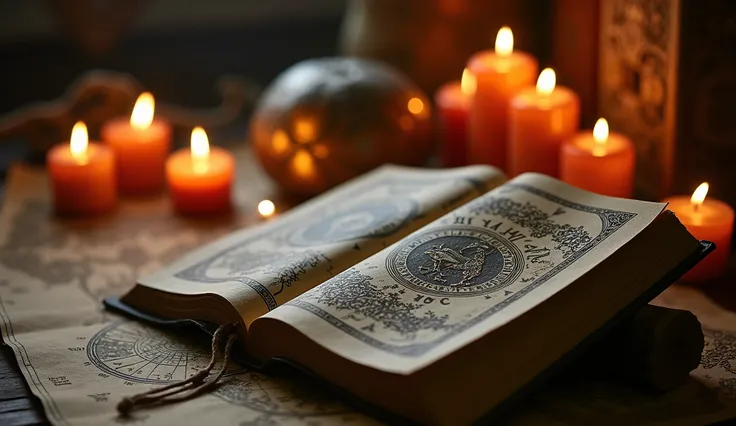 Ancient books with Celtic symbols, surrounded by lit candles, in a mystical environment with maps and drawings of the gods; masterpiece, 8k, high resolution, shallow depth of field, sharp focus.