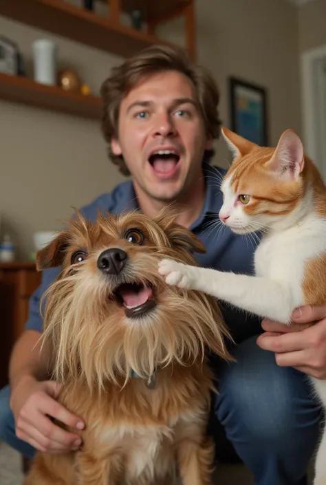  hilarious cat and dog in a funny situation, with a shocked owner in the background picture size 1980x1080 look real animals and owner look real