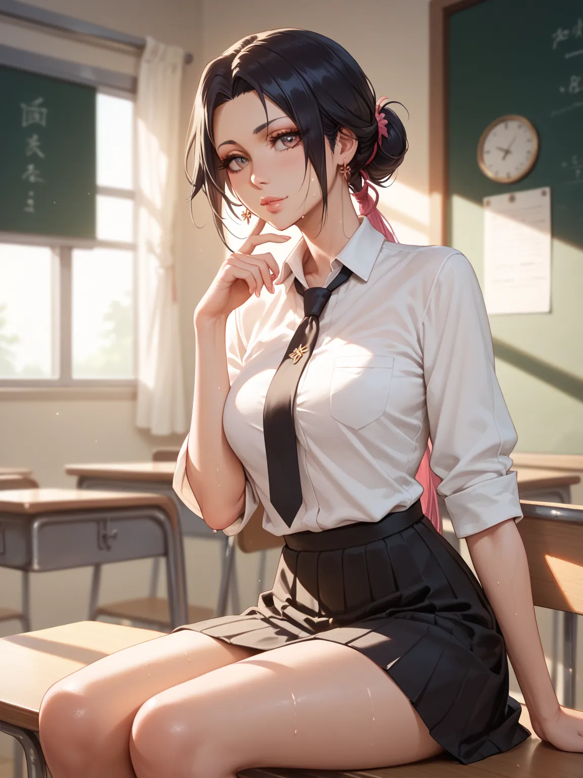 fit view, anime, unohana retsu is sexy woman, ravishing posed, sitting, necktie, sweaty, in the classroom, noon light, (masterpi...