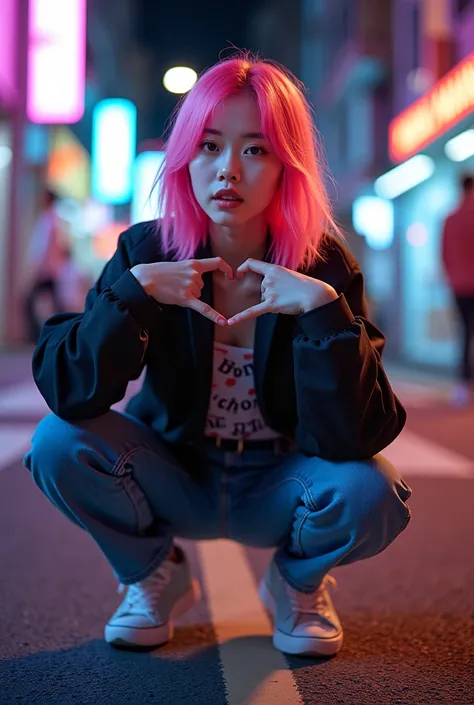 A photo of a girl with pink hair and a streetwear outfit making a heart with her fingers in front of the camera. She is squatting. The photo is taken from a low angle shot and a wild angle shot. The background is a dark street environment with city lights....