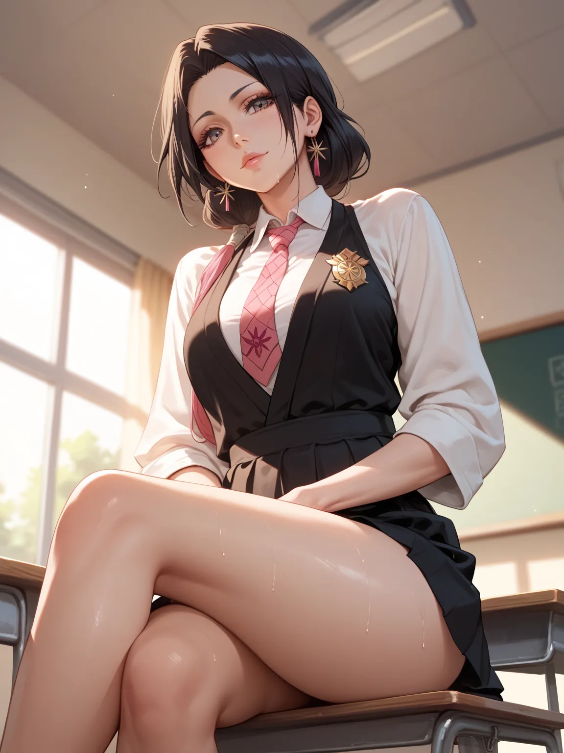 below view, anime, unohana retsu is sexy woman, ravishing posed, sitting, necktie, sweaty, in the classroom, noon light, (master...