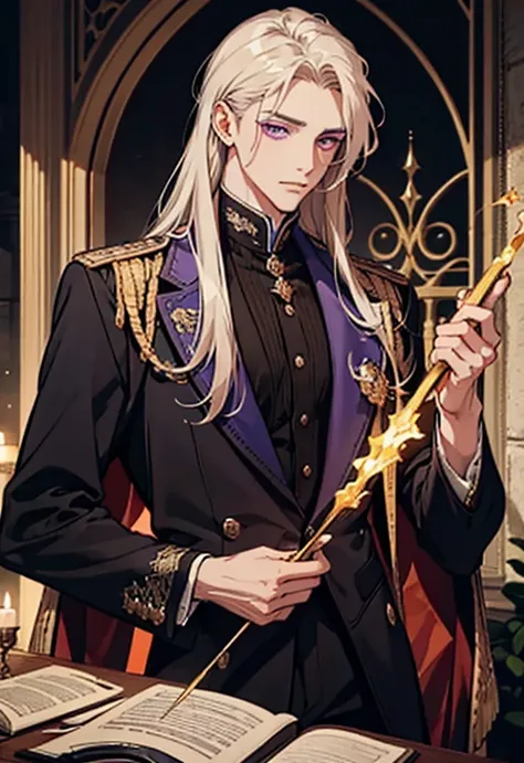  A handsome aristocrat boy , with purple eyes and long golden hair, holds uses the magic of contracting with an inscription "death oath " 