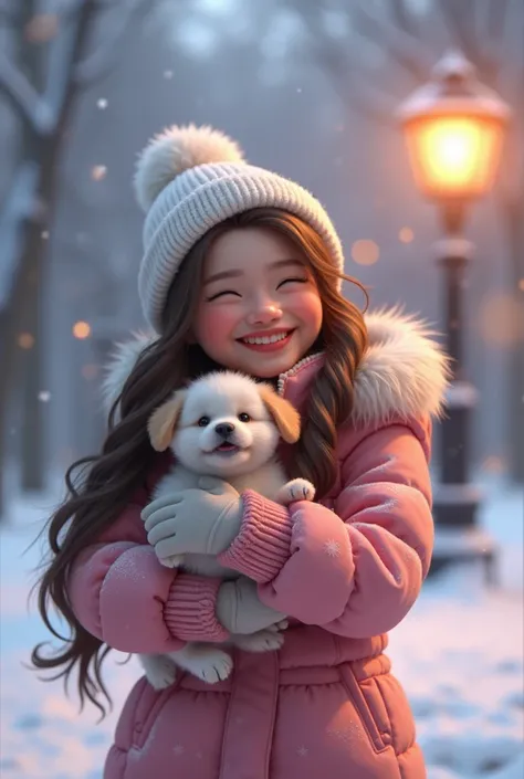 photorealism:A young women under the snow is holding a small dog in her arms. She is wearing gloves and a white hat and a pink fur jacket. A lamp is on in the park. The young women has long hair and is laughing.