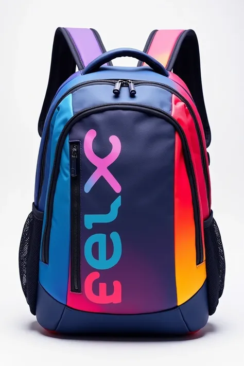 create a backpack with a good design and put eazy logo on it with shoulder strap in colour blue, purple, red, yellow and pink