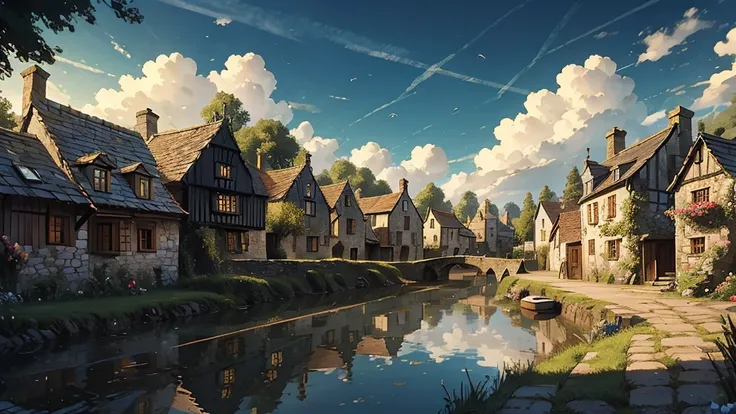  Sunny medieval village . Lush clouds, a narrow river ,  cloud reflections in the water . small houses,  watermill on a cake with a large water wheel ,  turret and a wooden fence around the village with a wooden gate.  high definition ,  The ultimate maste...