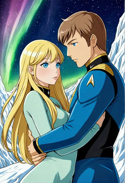 (extreme complexity, multiple subjects) Captain Kirk of Star Trek Fame (Starfleet cold weather uniform) is gazing into the loving arms of a gorgeous ice alien (cute, age 25, deep blue eyes, long glassy hair), aurora over the glacier, sci fi romance, heart ...