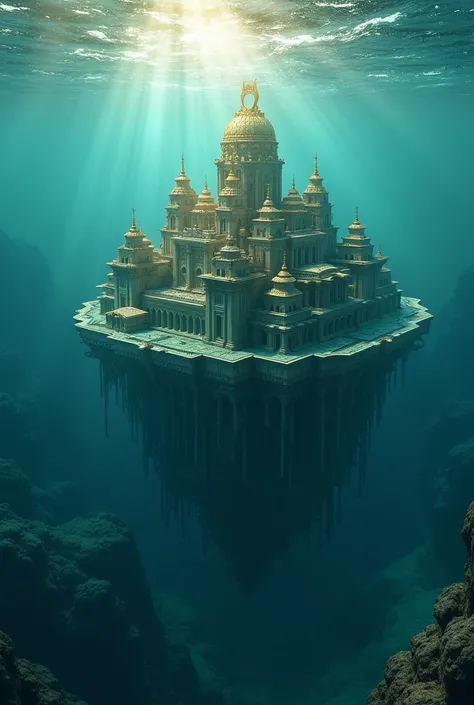 The gold city of Atlantis sinking into the ocean 