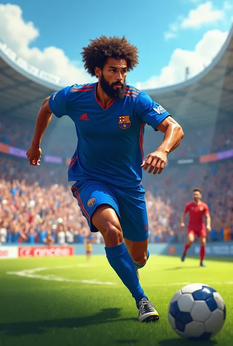 A man with curly hair with beard and wearing a blue team uniform is playing soccer and the fans are cheering him on