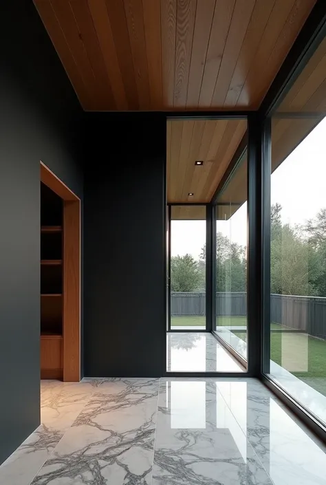 Raw images,  Masterpiece,  measurements,  best quality, 4 layers  , Minimal,  Modern Villa , Black painted wall ,  Marble Tiles Exterior , Wooden ceiling, window, curtain, daytime ,  Modern Architecture , pile, (( )),( ), Open Space ,  clear architectural ...