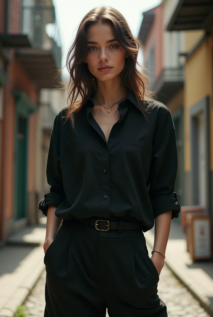 brunette girl with trousers baggy and a shirt black italian