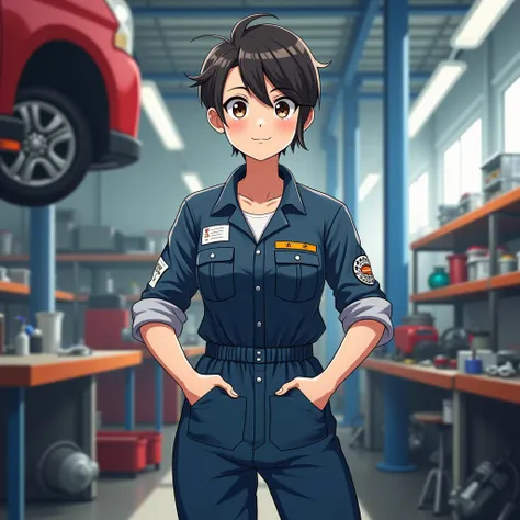 woman、 car mechanic、20th Generation、 short hair on the side of the uniform、coverall work clothes 、anime