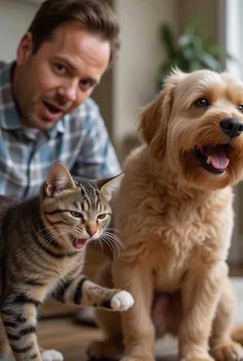  hilarious cat and dog in a funny situation, with a shocked owner in the background picture size 1980x1080 look real animals and owner look real