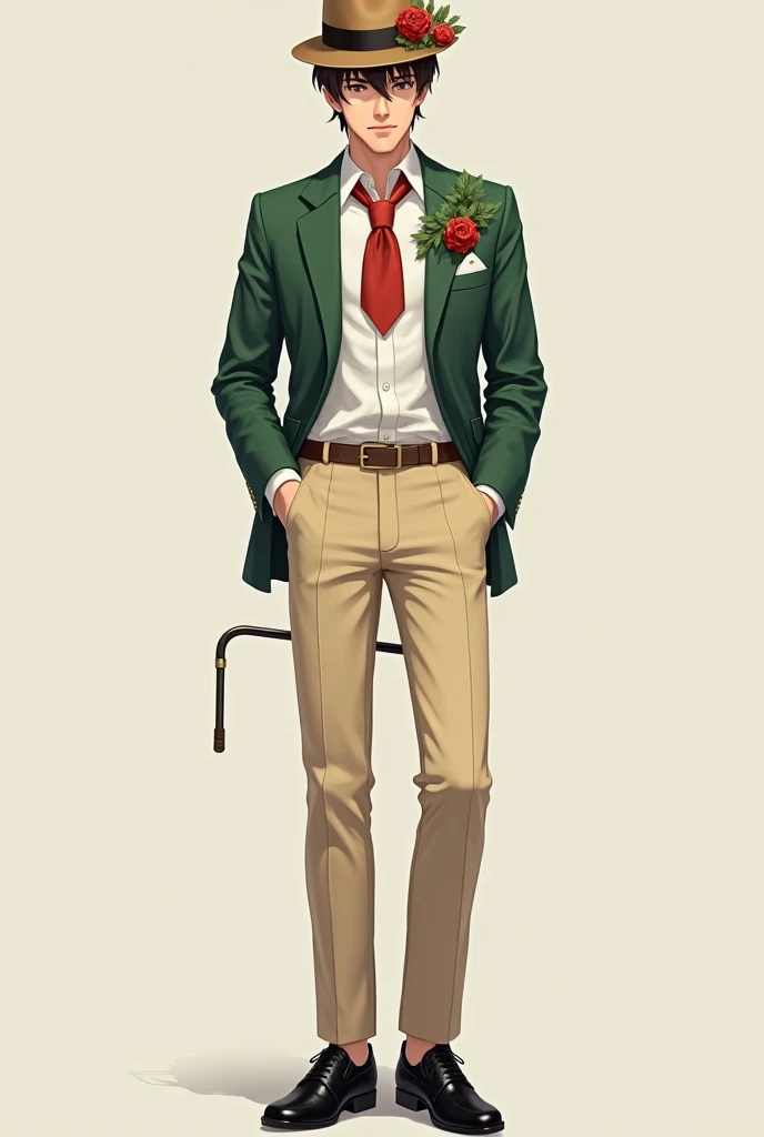 Young man wearing beige pants,  black shoes,  white socks  ,  white shirt , short green jacket,  small red scarf tied around the neck, Carnation hat and cane on the lapel of the jacket 