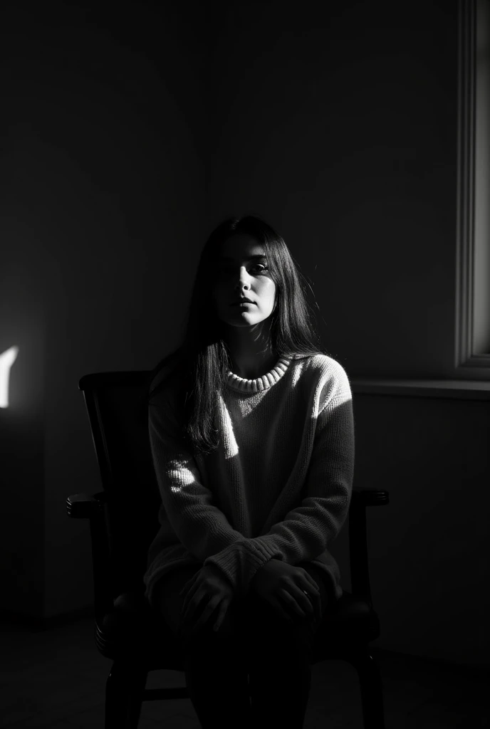 Woman in a sweater sitting on a chair ,  Portrait in backlight , by Karl Büsgen ,  shot with a Canon 35mm lens ,  Light falls in the face , (low-key light), dark portrait, female image in the shadow, by Silvia Pelissero,  Taken with a Pentax K1000 . Black ...