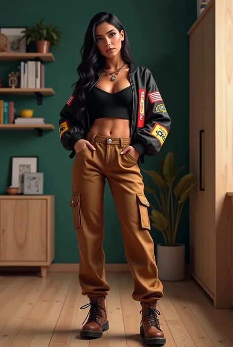 A confident young woman standing in a casual pose, wearing a modern streetwear outfit. She sports a cropped black top and a black bomber jacket with vibrant red and yellow racing-inspired patches. Her outfit is paired with loose-fitting, high-waisted brown...