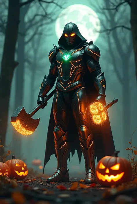 "Create an original Halloween superhero named Tom Halloween. He wears a highly advanced suit of armor similar to Iron Mans, but with a spooky Halloween twist. The suit features dark metallic hues with glowing orange and green accents, perfect for the holid...