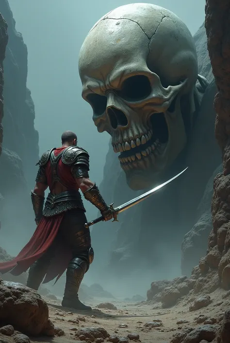 create a realistic photo image warrior holding a long sword fighting skull , light and shadow perspective, powerful effects