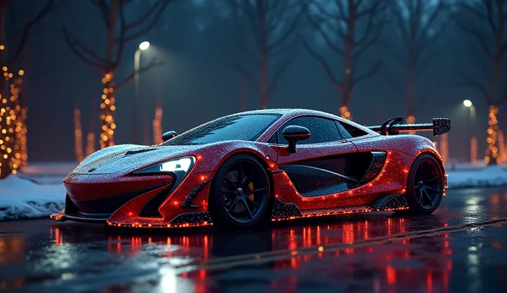 of the highest quality, 8K,: 1.3, RAW photo), (anatomy correct:1.3), (Realistic, Photorealistic: 1.37), car, sportcar, race, cars, christmas lights on car , modern designed car tunned, high details, on the road, aesthetic symetric photo, xmas car with xmas...