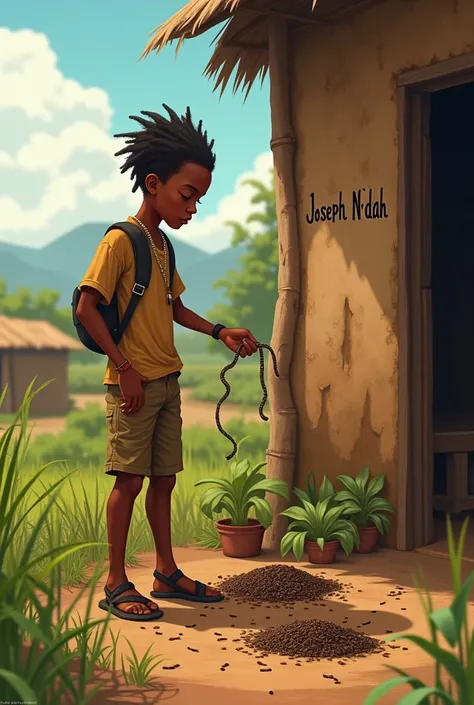  An African boy dressed in downhill fashion ,  long unshaved hair size 1 . 65 m on a farm collecting worms from black soldier flies with the name "Joseph NDAH " sur la porte  de la section