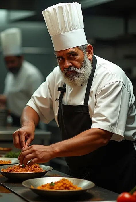 A sri lankan very  angry oldest chef. . belly fat . Dressed head cap. The face is big. A photograph working in a restaurant . Following run