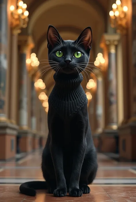 Create an image of a black cat in a turtleneck in a museum 