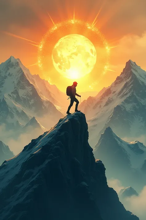  silhouette of a person on top of a mountain ,  sun symbol or abstract element,  associated with moving up .
 Color palette :  bright and motivating shades  (orange, yellow, green),  that symbolize health , energy and positivity .