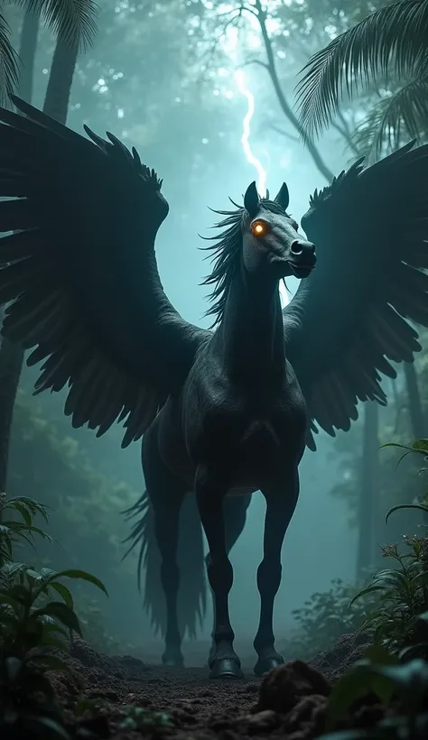 A dark, cinematic fusion of a horse and a dove, standing as a menacing figure in the heart of a shadowy jungle. This hybrid creature combines the muscular body of a powerful horse with massive, feathered wings that stretch wide and darken the surrounding f...