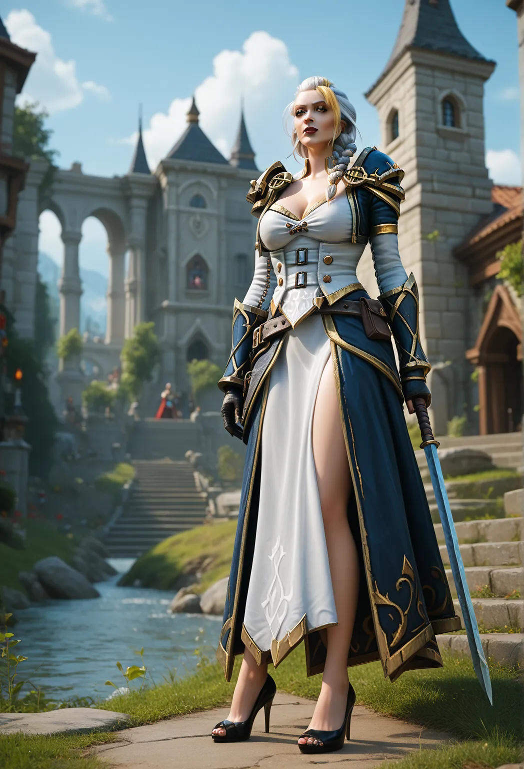 lady jaina proudmoore, high heels, battlements, outside, large breasts, cleavage