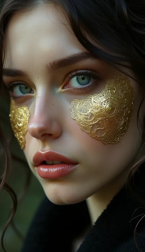 woman face with gold plates in cheeks