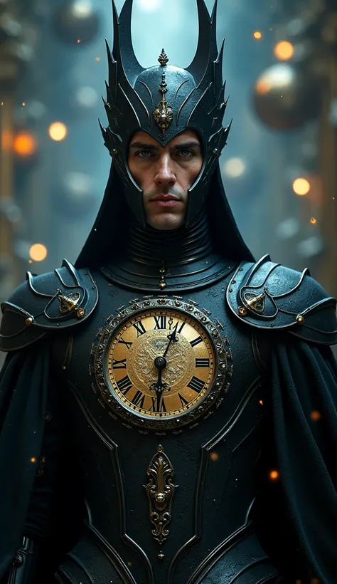 A gothic and surreal depiction of Time, as portrayed by Sacha Baron Cohen in Alice Through the Looking Glass. He wears an imposing, intricately detailed black suit of armor that shimmers with subtle metallic reflections. His head is adorned with a unique, ...