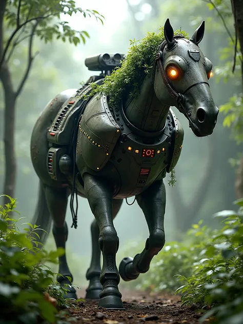 generate a cyborg combination of a horses body and a tank  in jungle and realistic environment
