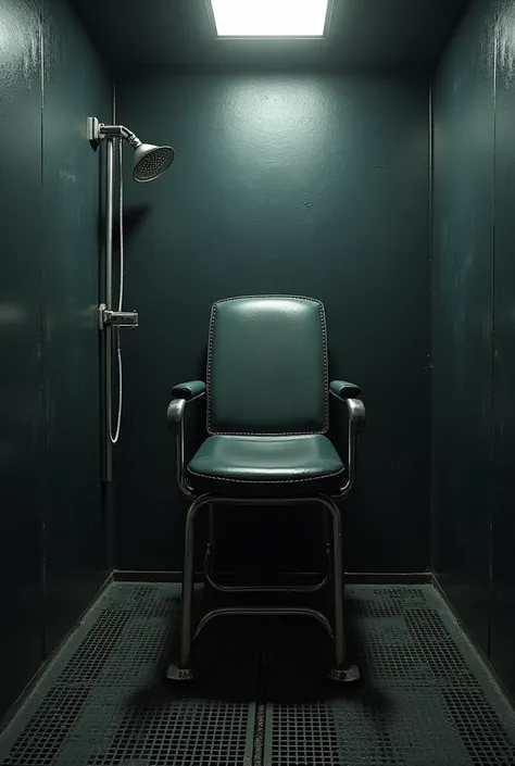 Huge Surgery room with black latex-cover walls, with metal Gynecologist chair with kneeling legs, drainage floor, thin irrigation hose, and shower head