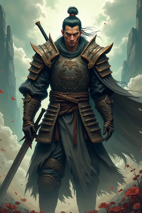 hombre alto y musculoso, Korean, Black hair and white streak,  green eyes, somewhat rusty full armor, big sword, scar on the face,  anime style