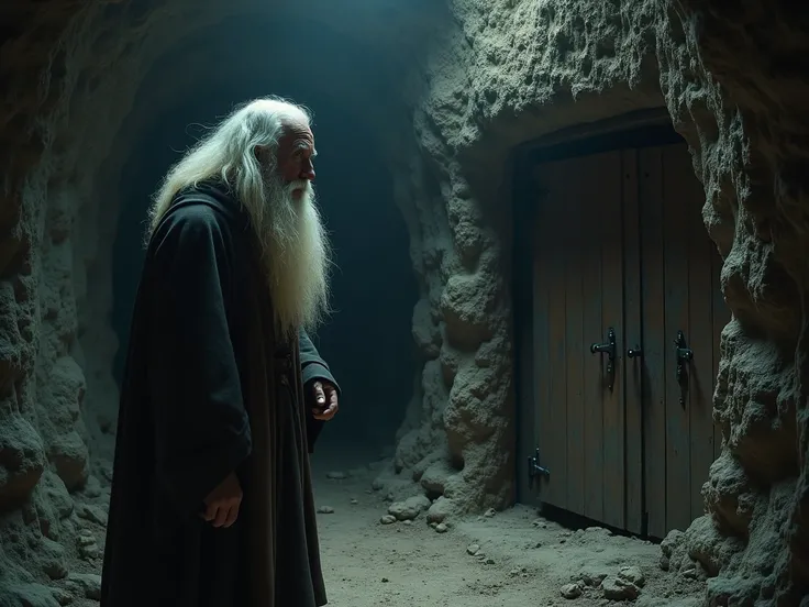 An old man with a white beard enters the mine and doesnt give food to a  who is locked up