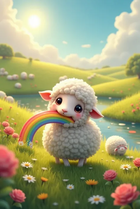  A little fluffy sheep eats a rainbow in a wide field with beautiful meadows and flowers where there are many other sheep, there is a pond ,  and the sun is shining  