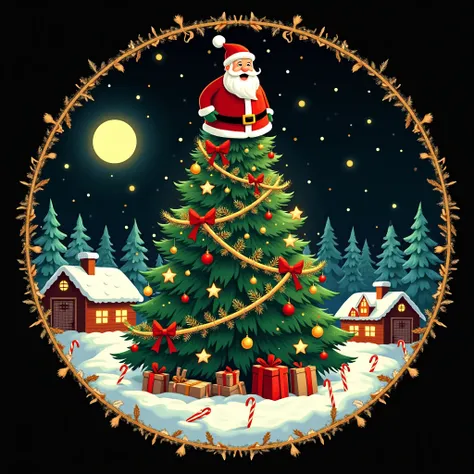 black background,playful,magical and bright detailed Christmas illustration t-shirt design featuring Santa Claus sitting joyfully atop a large decorated Christmas tree.Surround him with a picturesque snowy village, including cozy, snow-covered cottages glo...