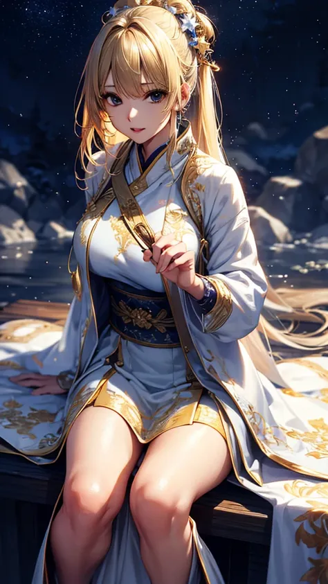 masterpiece,       High Quality      , 4K, Beautiful design, blonde， 非常に詳細な夜の      starry sky      , Illuminations，    wonderful,      delicate details,  Very knowledgeable woman      , Highly detailed solo, 1 female,Big Breasts，Stole，    White Jacket   ，s...