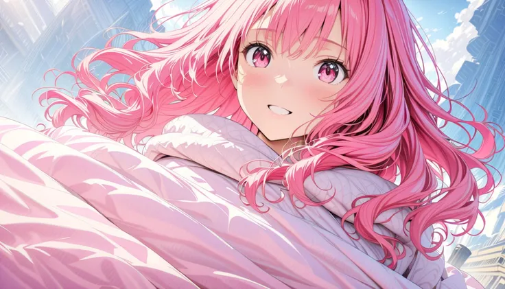 (masterpiece, Highest quality, Official Art:1.2), Turning around and looking at the audience, One Girl, alone, (pink long hair, layered hair) and (pink eyes), Wearing a white hoodie, Sky Background, spreading clouds, Ultra-fine illustrations, highly detail...