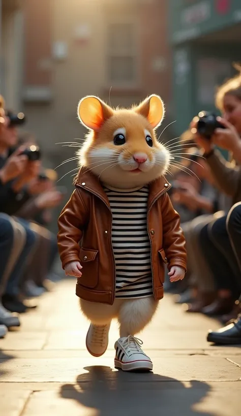 } A hamster parading with a realistic and super streetwear look detailed .  He is wearing a brown leather mini jacket ,  adjusted perfectly to your little body ,  with a striped cotton t-shirt underneath .  Her classic-style little white sneakers are tied ...