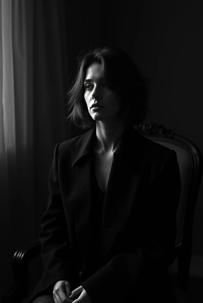 Woman in a sweater sitting on a chair ,  Portrait in backlight , by Helmut Newton,  shot with a Canon 35mm lens ,  Light falls in the face , (low-key light), dark portrait, female image in the shadow,  Taken with a Pentax K1000 . Black and white photograph...