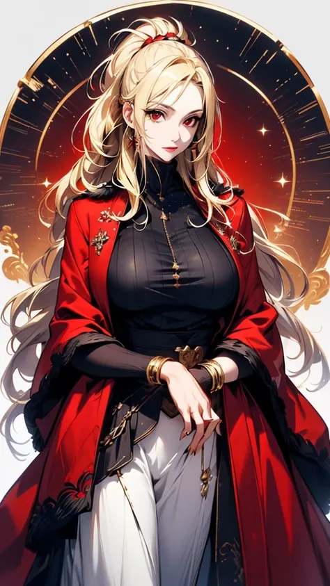 masterpiece,                 High Quality        , 4K, Beautiful design,     silhouette    ，blonde，             ponytail，  Highly Detailed Starry Sky,     Extremely Knowledgeable Woman   , Highly detailed solo, 1 female,red eyes，Big Breasts， Wore a red fur...