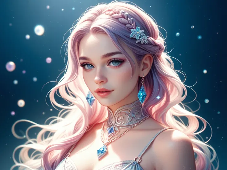 Ethereal fantasy realism with delicate detail, soft colors, and elegance. Soft pastels with vibrant accents, balanced by gentle whites and neutrals. Intricate details, minimalist backgrounds, ornamental flourishes, fluid motion.