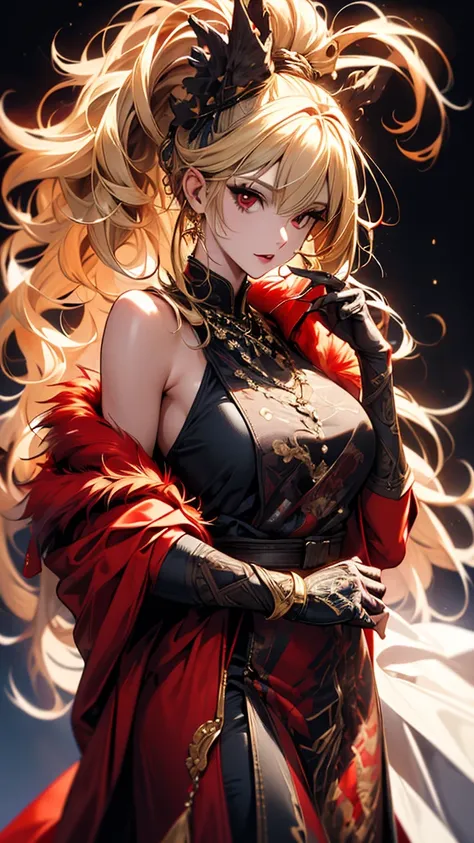 masterpiece,                 High Quality        , 4K, Beautiful design,     silhouette    ，blonde，             ponytail，  Highly Detailed Starry Sky,     Extremely Knowledgeable Woman   , Highly detailed solo, 1 female,red eyes，Big Breasts， Wore a red fur...