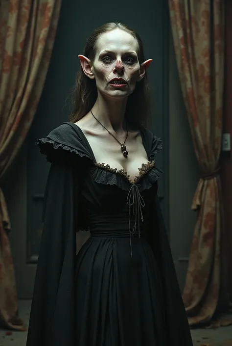  Photorealistic image of a female vampire Nosferatu.  horrible and deformed face. Old theater dress . hairless.  In the background the backstage of a sinister theater . 