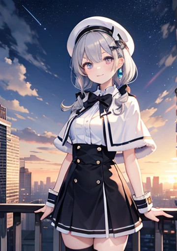 high definition , Particles of light, 1 girl , whole body, Highlights, fantasy scenery, smile, head tilt , long hair low twin tail sparkling skin, shiny hair,big breasts, Get rid of it, cyan eyes Grey Hair earrings jewelry aasumire, short hair on the side ...