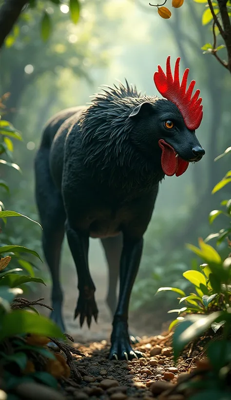 There is a hen. Whose black body is that of a dog. It is a monstrous form. jungle scene