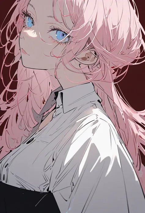  one beautiful girl in the style of Jujutsu Kaisen, Long Hair,  light pink hair ,  light blue eyes , A white blouse with a black tie ,( flat chested),  captivating gaze ,  puts hands on chin, dark red background  