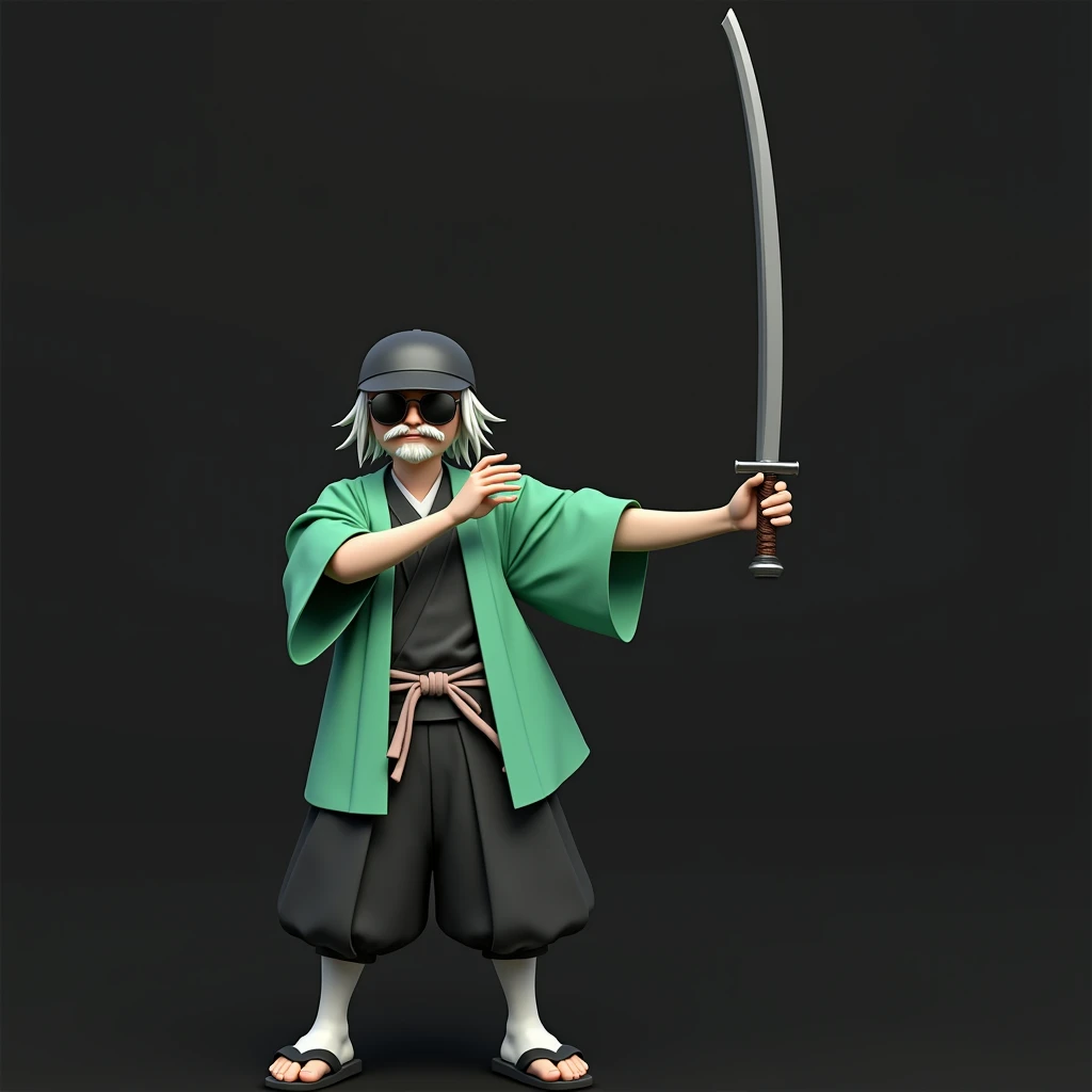  wear mint green haori hakama。
 baseball hard black helmet 、 wear matte 。Whiteの髪の毛。moustache、Beards 、White。 wear round black sunglasses 。
Whiteの地下足袋を着用。Wearing sandals。
natural kimono。
 simple background,  3d rendering ,  realism,  surrealism,  3d renderin...